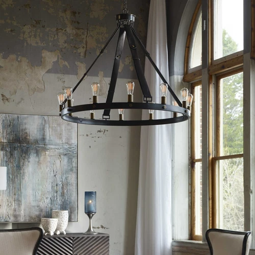 MARLOW RESTORATION INSPIRED XXL 40" AGED METAL CHANDELIER LEATHER STRAPS 21280 - Picture 1 of 7