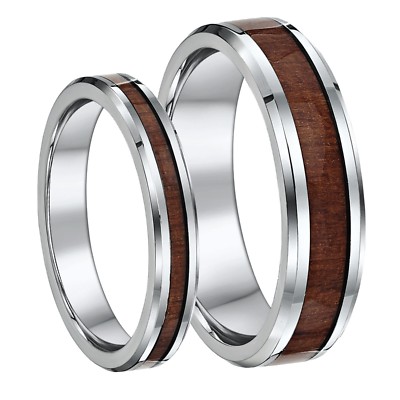 His & Hers Titan Ehering Set mit Holz gemaserten Inlay 4mm & 6mm Ring