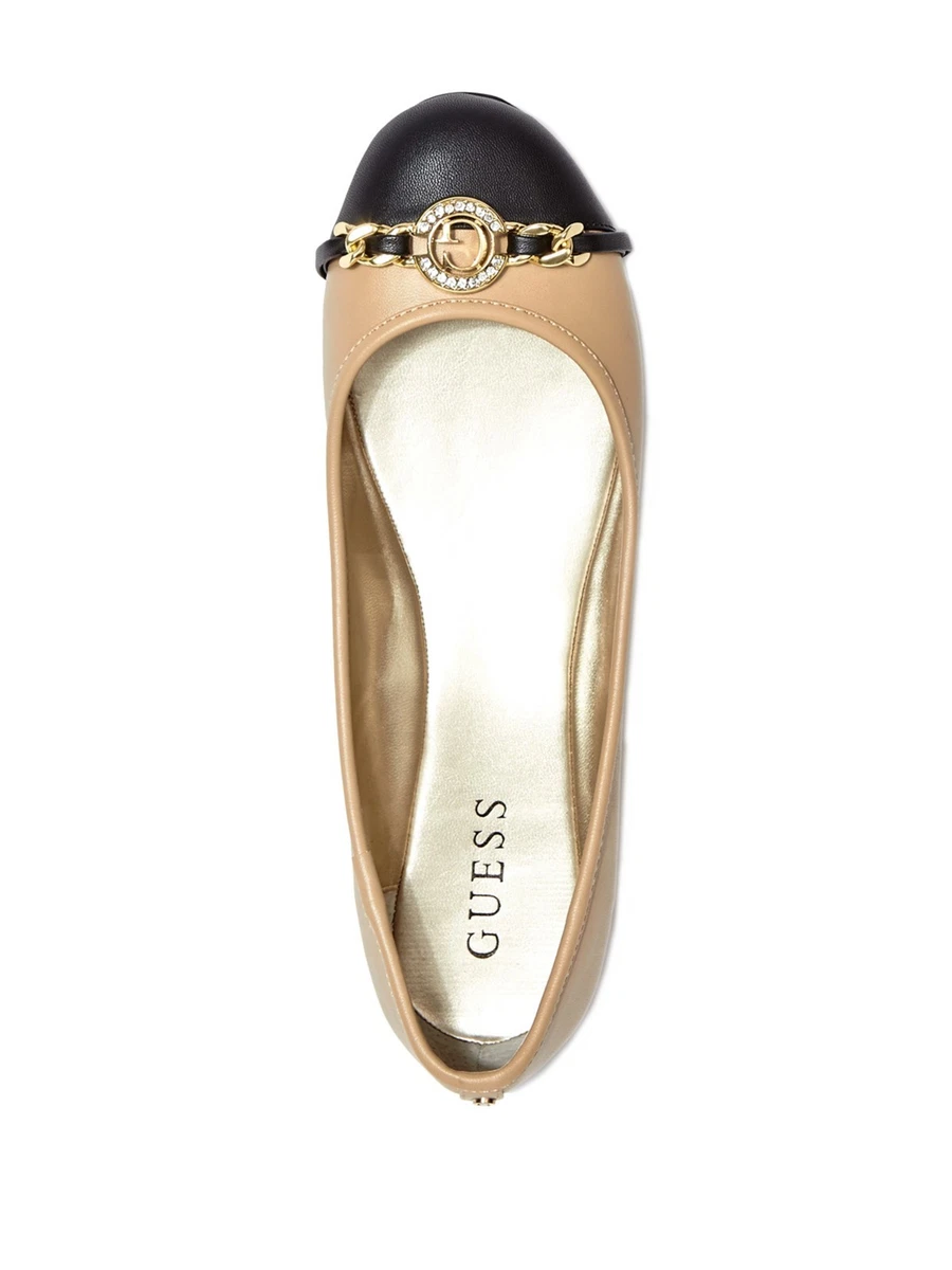 GUESS KARLYN BEIGE BLACK LEATHERETTE CRYSTAL G GOLD LOGO BALLET