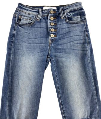 Kancan Women Alexis High Rise Button Fly Straight Jeans Distressed Blue Sz 5/26