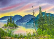 Landscape Painting on canvas 18" x 24" oil on canvas, Lakeside Sunrise