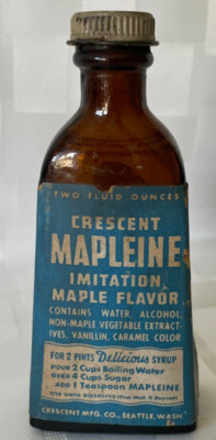Vintage Crescent Mapleine Imitation Maple Flavor Amber Glass Bottle Seattle WA