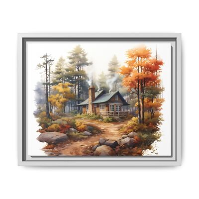 Maine Wilderness Canvas Framed Art Print, Cabin Watercolor Art
