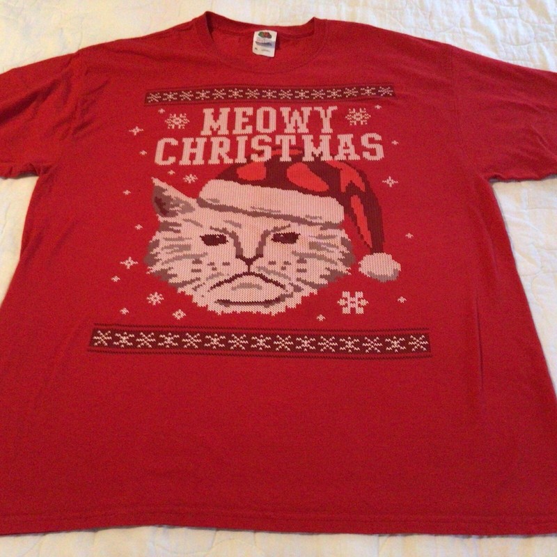 Meowy Christmas Cute Cat Funny Holidays Red Cotton T Shirt Size XL