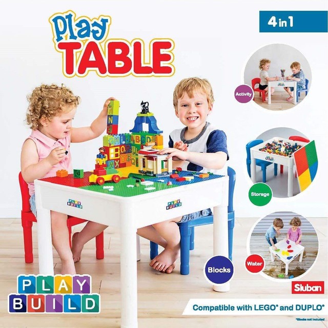 Kids 4 In 1 Play Build Table Set With 2 Chairs Compatible W Lego Duplo