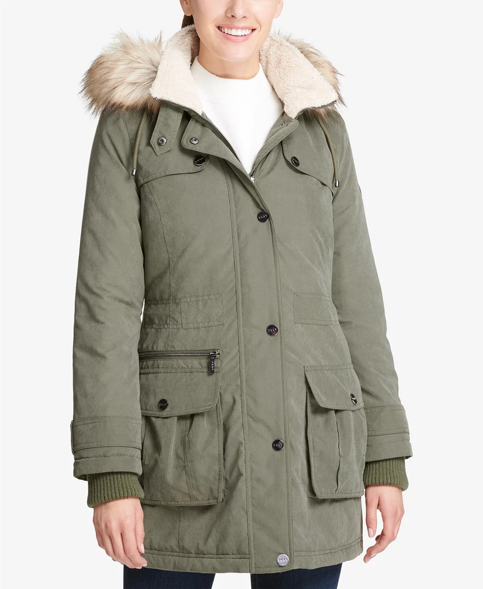 New DKNY Petite Faux Fur Trim Hooded Anorak PXS Olive L1230 eBay