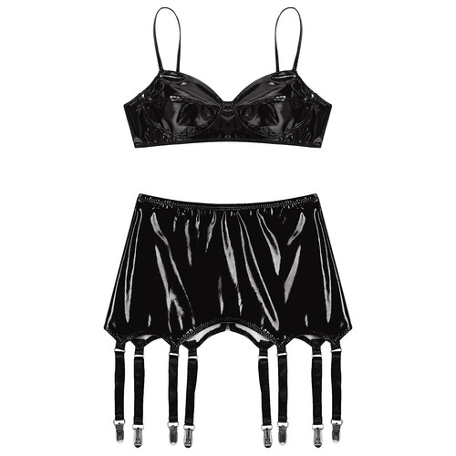 Womens Lingerie Set Carnival Miniskirt Party Crop Top Unlined Nightwear Shiny - Picture 12 of 50