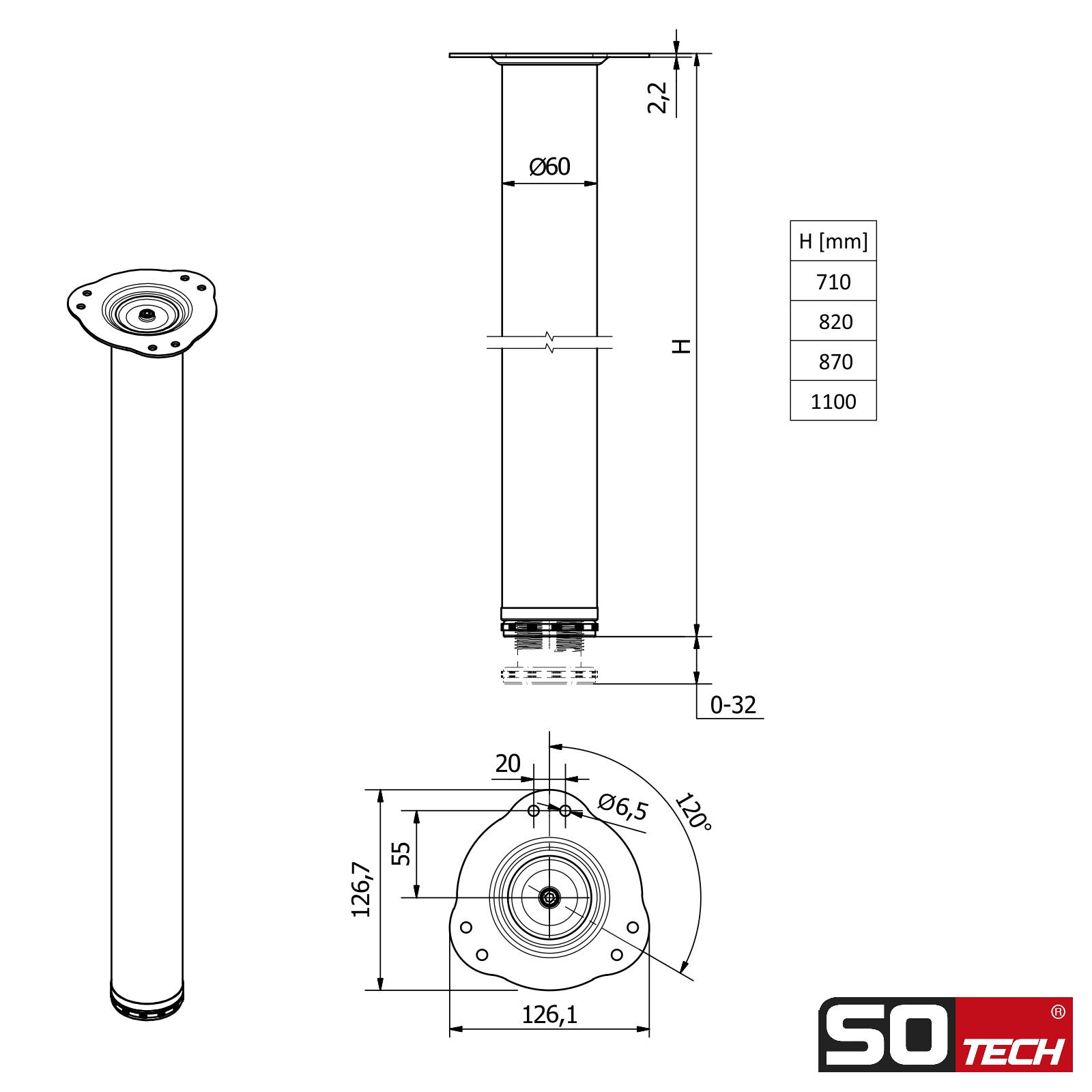 SOTECH Set 4 gambe per tavolo Ø 60 mm base per tavolo piede per mobili altezza regolabile 710-1100 mm foto 6
