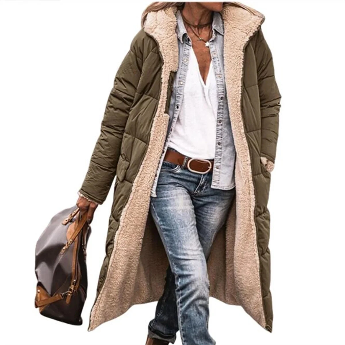 Women's Reversible Quilted Hooded Jacket Long Sleeve Winter Warm Puffer Coat