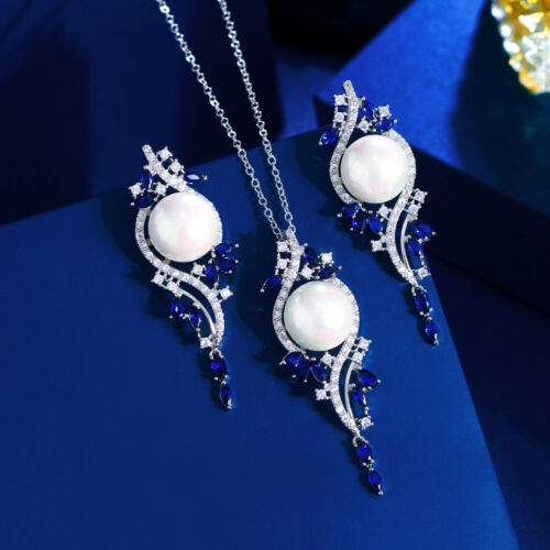 Royal Blue Cubic Zirconia Long Dangle Pearl Drop Necklace Earrings Jewelry Set - Picture 1 of 14