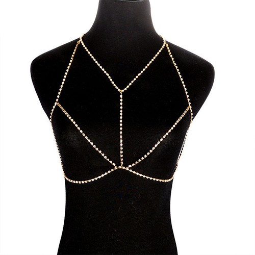 Rhinestone Bra Silver Gold Necklace Lariat Body Chain Torso Breast