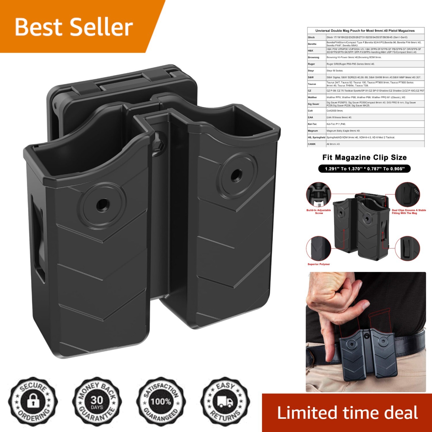 Universal Double Magazine Pouch for 9mm/.40 - Adjustable Retention & Carry Angle-image
