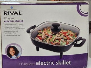 Rival Square 11" Nonstick Electric Skillet Glass Lid S11P Black in Box READ