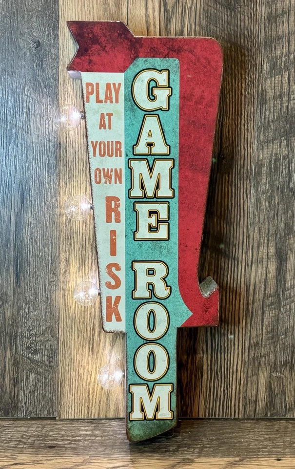 Светящаяся вывеска игровой комнаты «Играй на свой страх и риск» ретро вид, двусторонняя 25 дюймов высота - Изображение 2 из 4