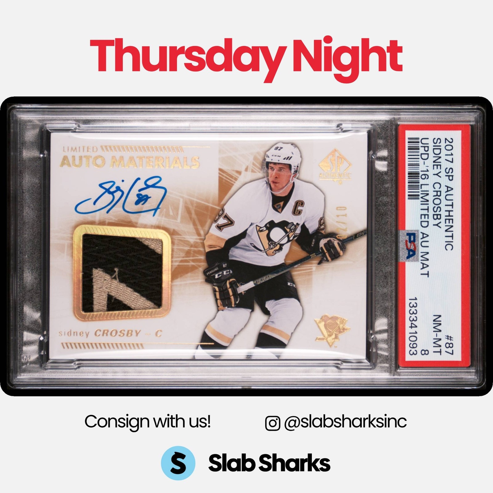2016 SP AUTHENTIC #87 SIDNEY CROSBY LIMITED PATCH AUTO /10 PSA 8