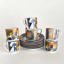 Demitasse Elegant 6 Cup And Saucer Espresso Set, 3 oz Abstract Geometric Design