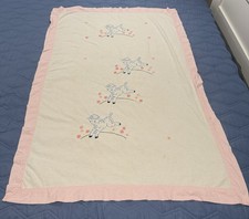 Vintage Handmade Baby Blanket Embroidered Lambs, Flowers, Pink Border