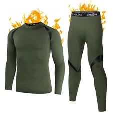 Mens Thermal Long Johns Set, Fleece Lined, Olive Green, Base Layer
