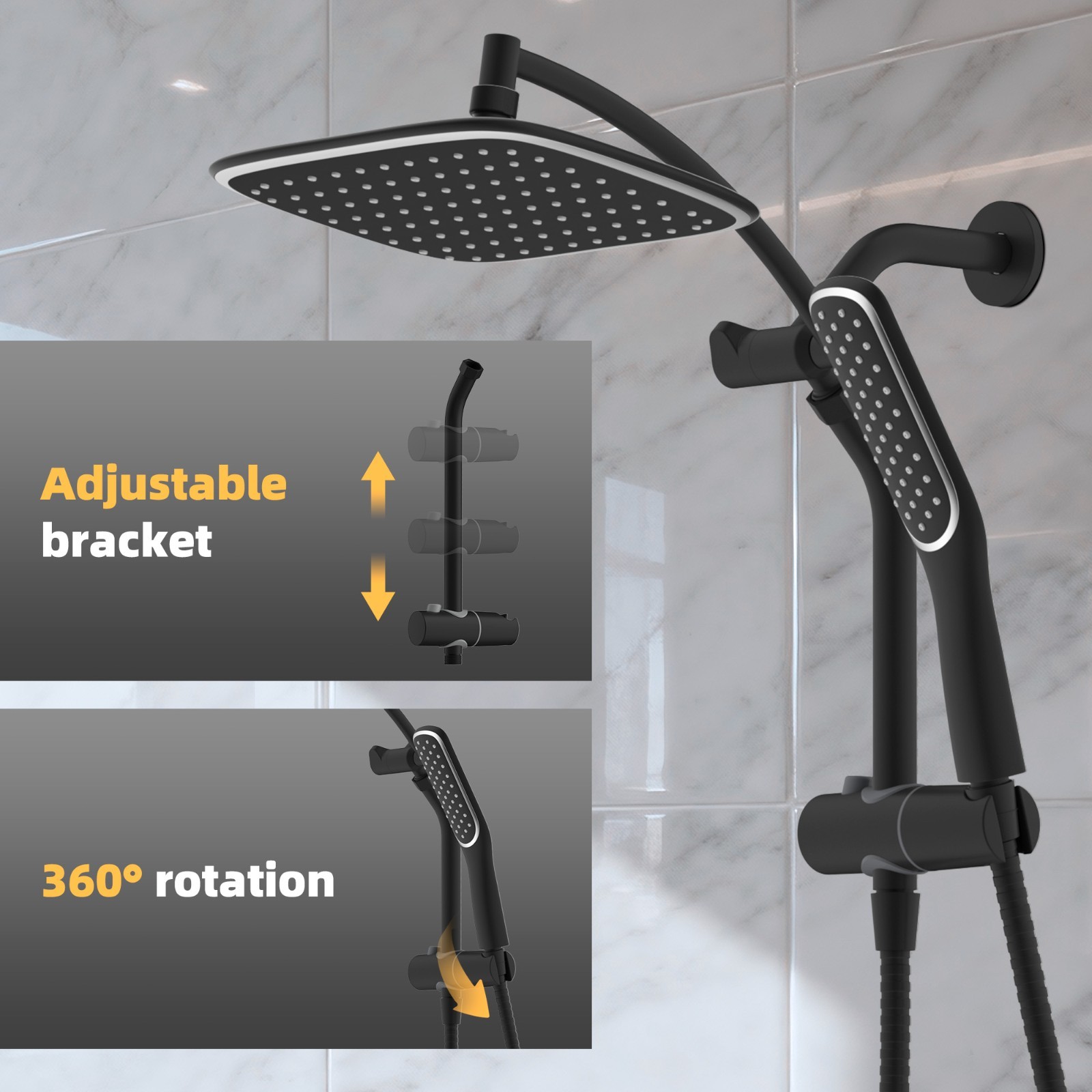With Handheld Spray Combo 3-way Diverter Shower Hose Black