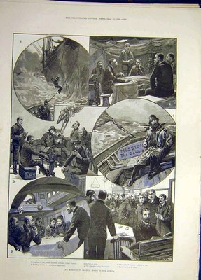 Original alter antiker Druck 1891 Missionen Seeleute Arbeiten Downs Boot Dienst Deck