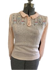 Vintage 80  s Gitano Peach Knit Sweater With Crocheted Flowers Size Small