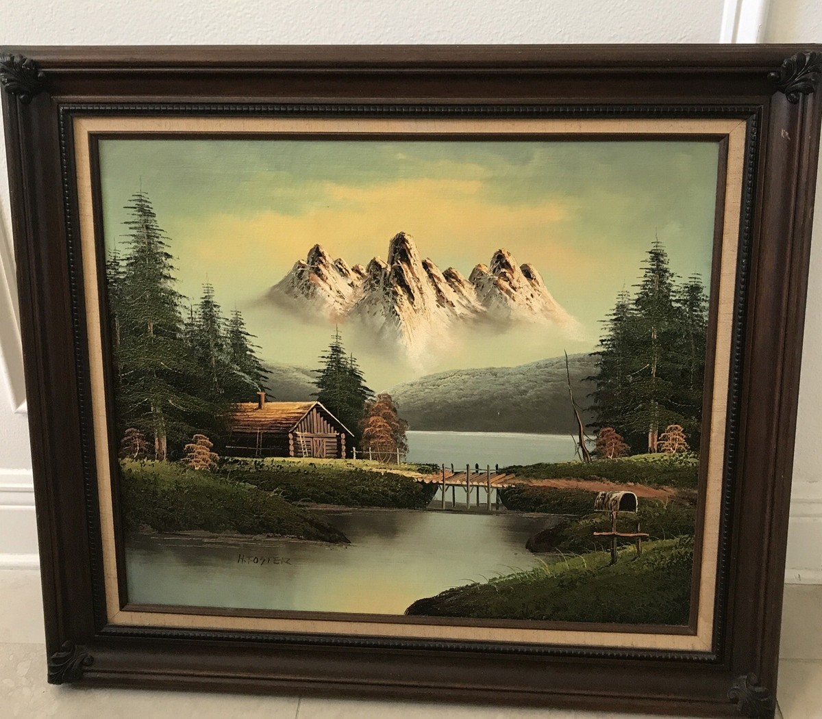 H. Foster Signed Oil Painting Mountain, River, & Cabin 27x31 Frame