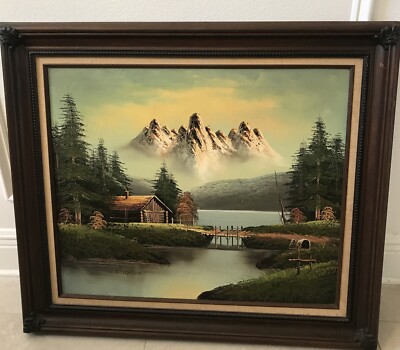 H. Foster Signed Oil Painting Mountain, River, & Cabin 27x31 Frame ~20x24 Canvas