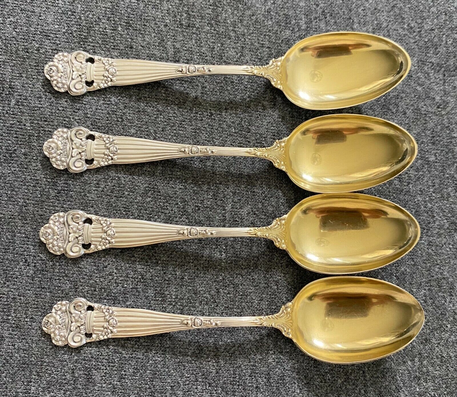 4 TOWLE Georgian Sterling Demitasse Spoons w/Gold Wash Bowls, 3 7/8”.