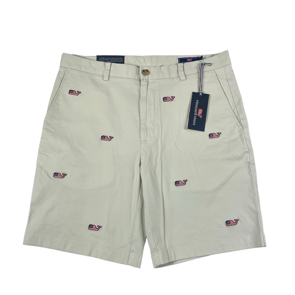Vineyard Vines Bone Khaki American Flag Whale AOP Short Size 34