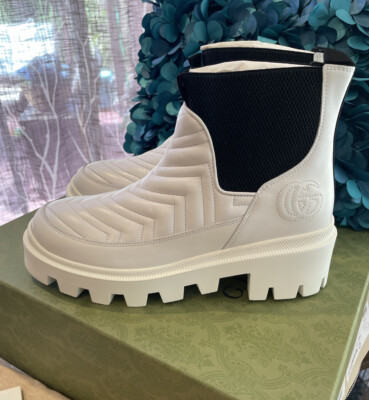 HOT! Gucci Women's White & Black Matelassé Chelsea Boot 643958 Sz 39.5 /9-9.5 US