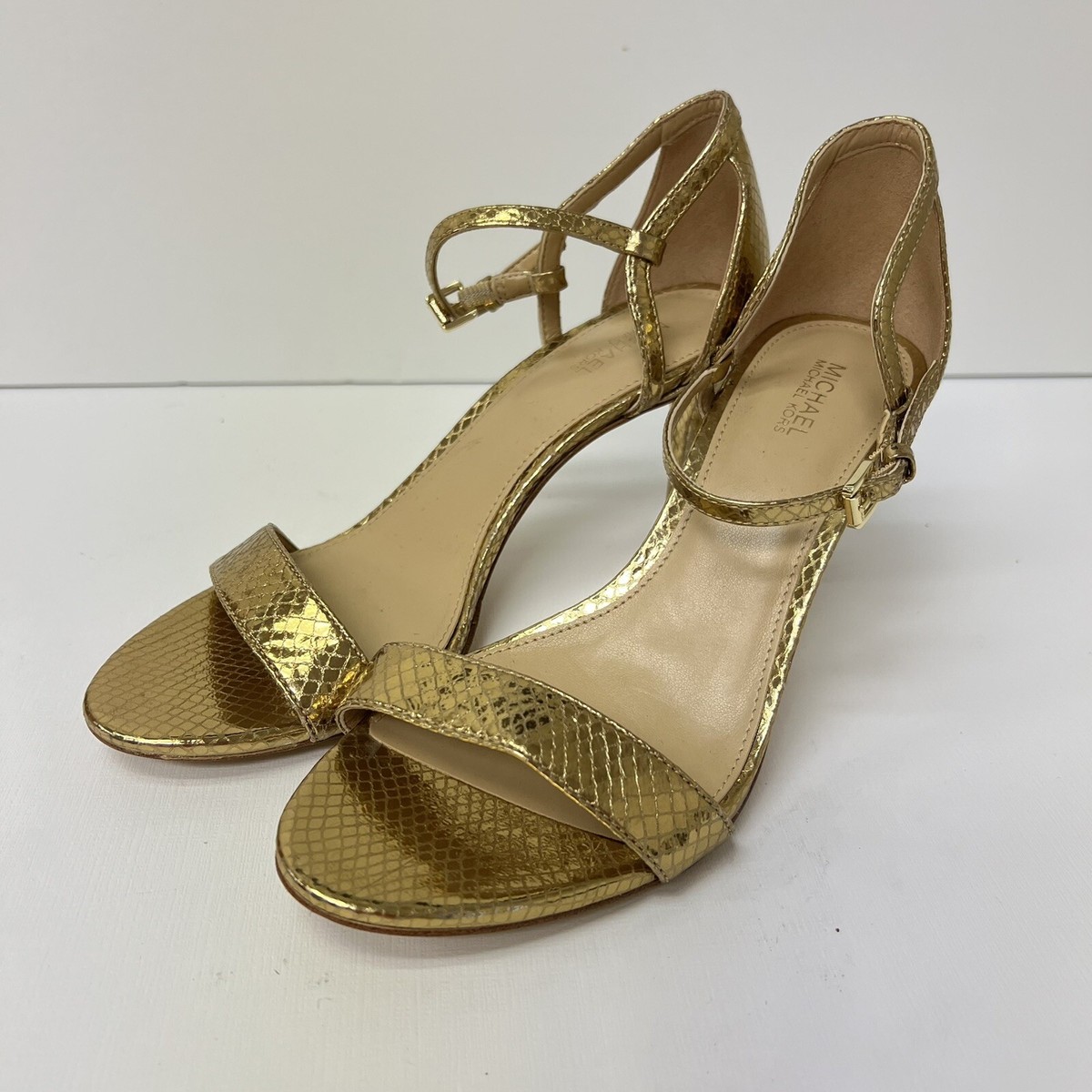Michael Kors MK Gold Metallic Leather KIMBERLY Heels Shoes Snake