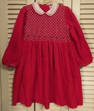 Friedknit Creations Smocked Girls Dress Red Corduroy Pearls Long Sleeve Sash 5Y