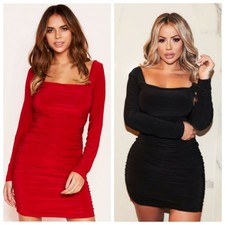 square neck ruched mesh bodycon dress