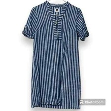 ANNE KLEIN 8 women’s blue white stripe knee length dress v-neck roll tab sleeves