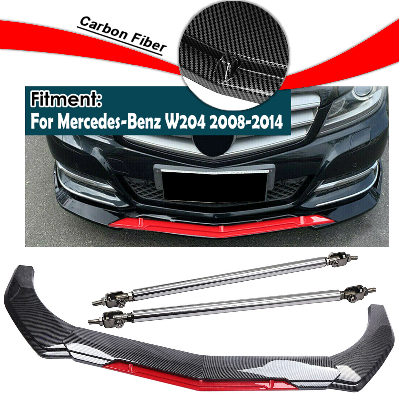 Mercedes C180 C250 Front Bumper Lip Spoiler Splitter Kit with Strut Rod