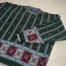 Men s Vintage Towncraft Cosby Grandpa Sweater. XL Tall. Green Pattern
