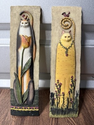 Cat Wall Decor Folk Art By E Smithson 3D Resin Tile Kitty 11  x 3 