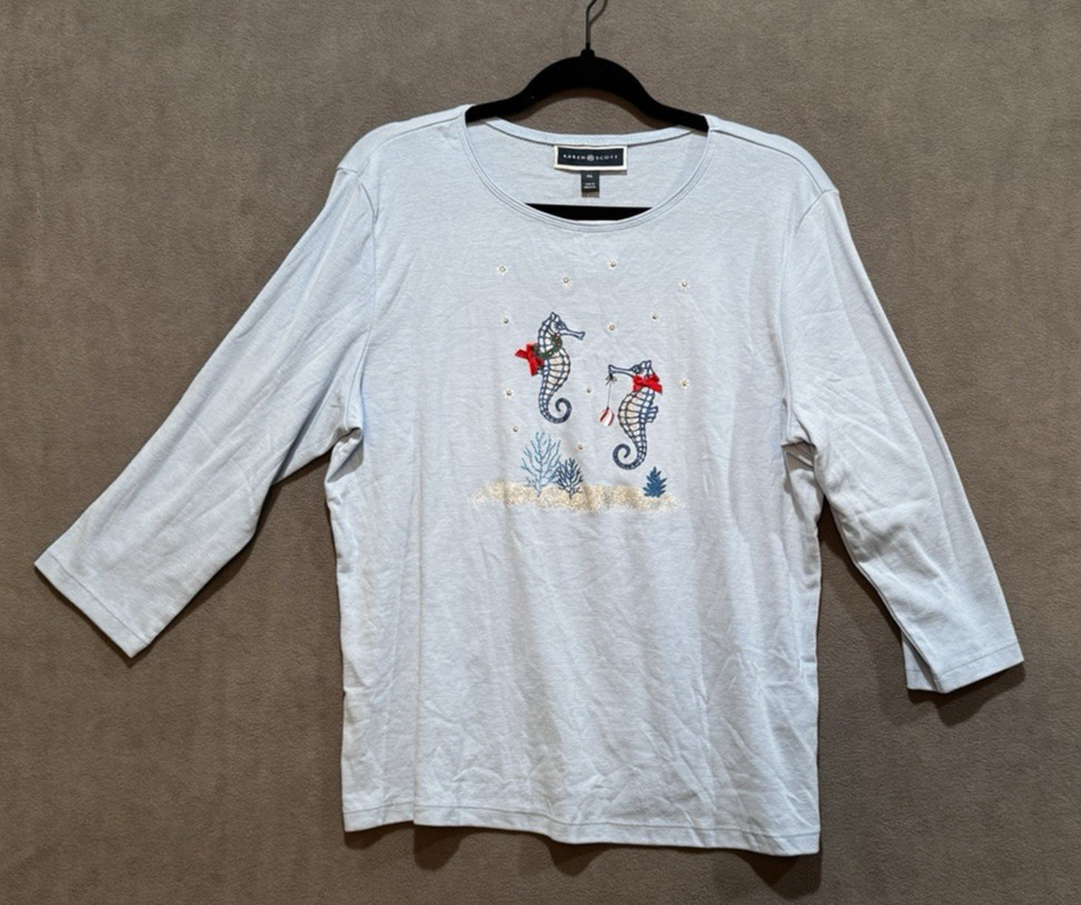 Karen Scott Whimsy Seahorse Holiday Top Blue Petite XL Christmas Rhinestone NEW