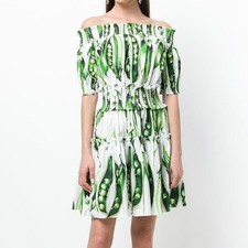Dolce & Gabbana Green Beans Snap Pea Mini Dress White Cotton Smocked IT 48