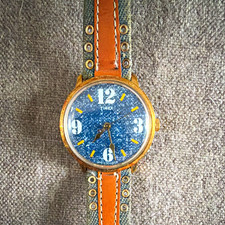 Timex Quartz Analog Watch Blue Dial Gold Tone Case Brown Leather Strap