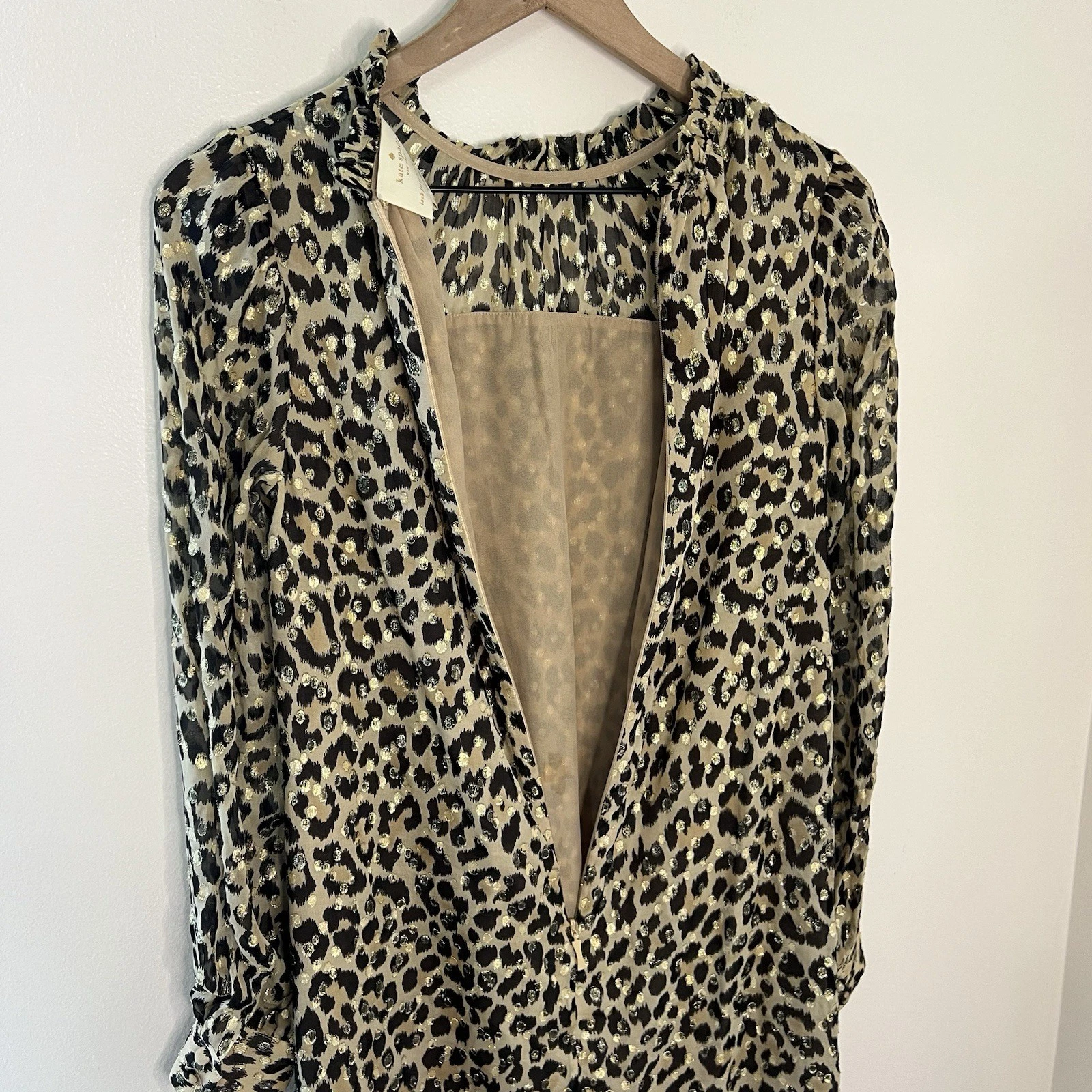 Abito a tubino Kate Spade New York seta chiffon metallizzato leopardato taglia 2 mini oro