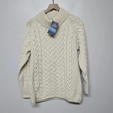 Aran Woollen Mills Ecru Chunky Knit High Neck Sligo Sweater Sz L NWT