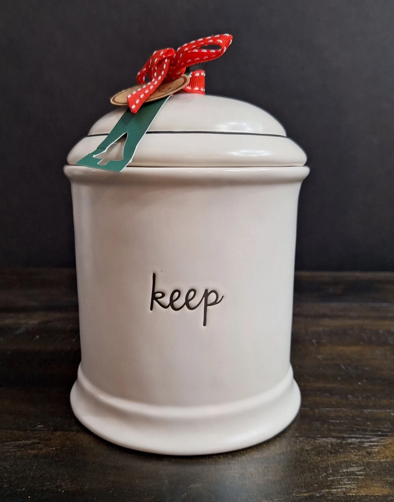 New Rae Dunn baby ceramic script KEEP canister 7 1/4"H x 5 1/8"W