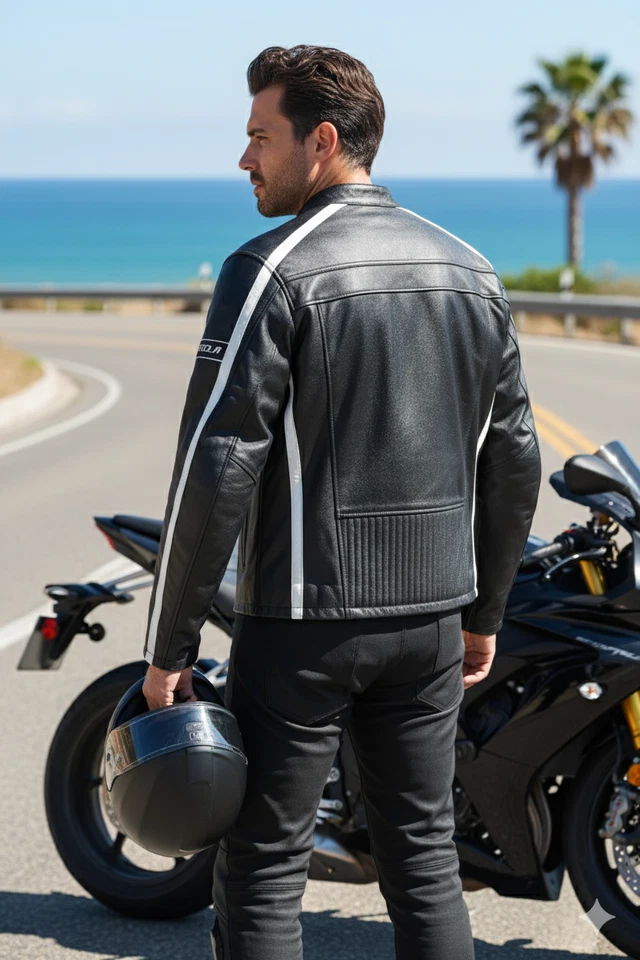 Men’s Black Leather Motorcycle Racing Jacket – Biker Cafe Racer Retro Style with - Image 4 of 4