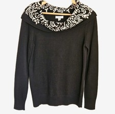 Charter Club Womens Medium Cowl Neck Cotton Blend Sweater Black White Gold