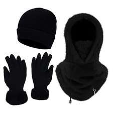 4 Pcs Ski Mask Fleece Balaclava and Hat for Women Men Touchscreen Gloves Black