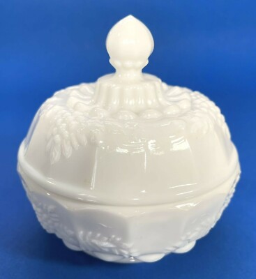 Vintage Westmoreland Covered Candy Dish Sugar Bowl Milk Glass Paneled Grapes 5'' 