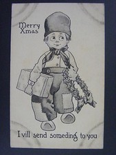 Dutch Boy Merry Xmas Christmas w/ Present & Wreath Antique Postcard 1912