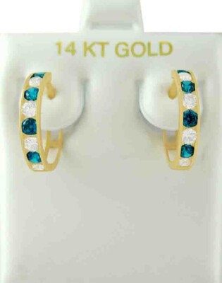 LAB CREATED BLAUTOPAS & WEISSE SAPHIRE HUGGIES OHRRING 14k GOLD - NEU MIT ETIKETT
