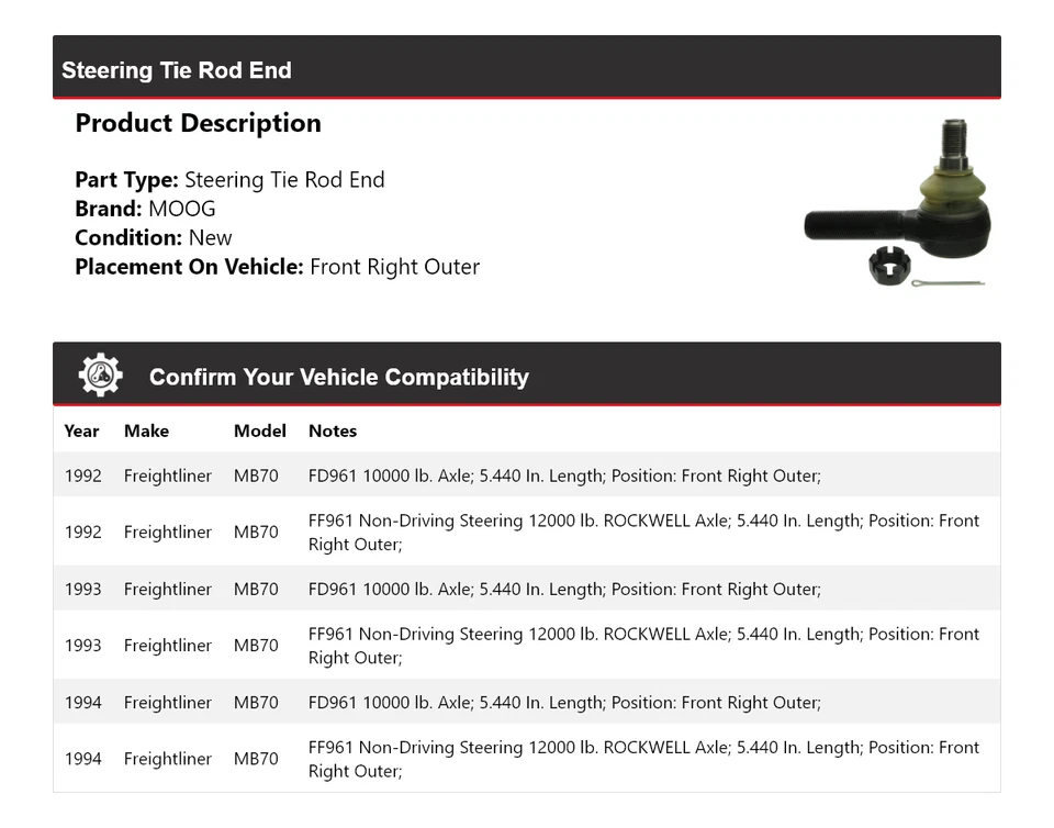 Extremo de barra de dirección delantero derecho exterior MOOG 1992-1994 Freightliner MB70 Foto 2 de 4